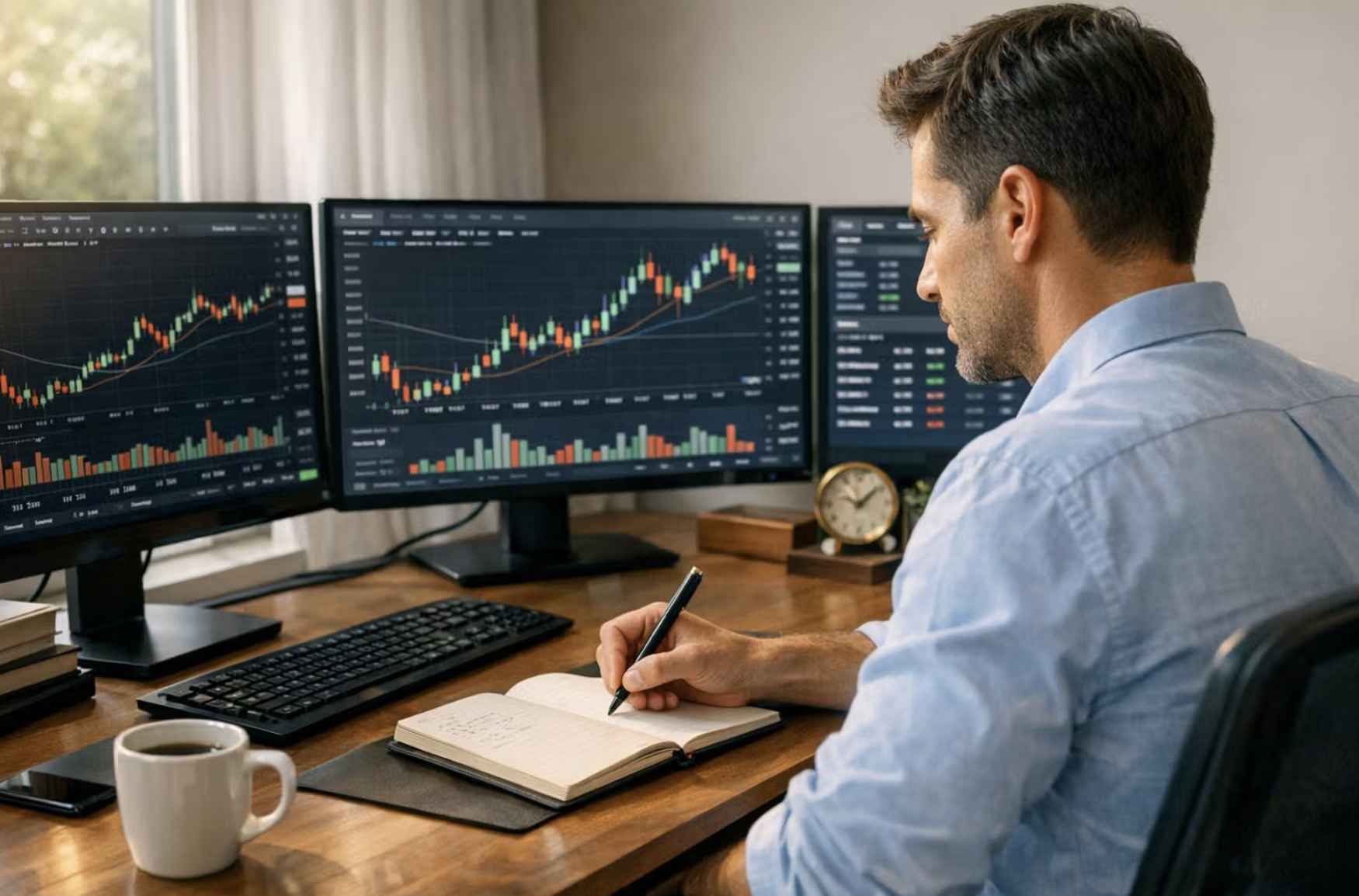 Trader reviewing market information at a workstation