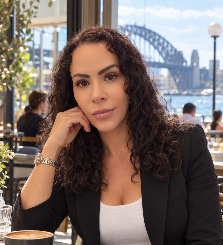 Sarah, founder of GRAYCILA, seated beside Sydney Harbour