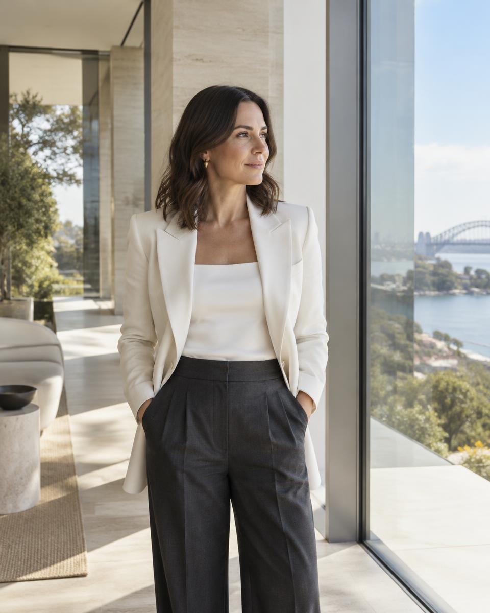 Confident business professional in a sunlit contemporary setting overlooking Sydney Harbour